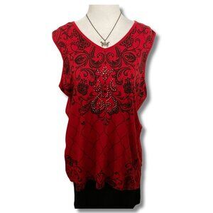 PARADISIO PLUS Red black damask floral print tank top ~ Plus-size XL 1X shirt